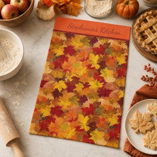 Monogram Watercolor Fall Leaves - Vintage Autumn Kitchen Towel