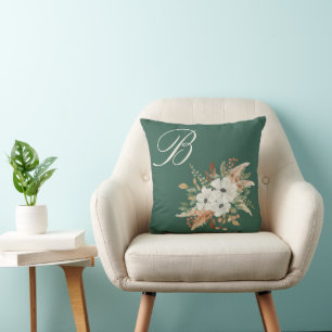 Monogram Watercolor Fall Winter Bouquet Throw Pillow