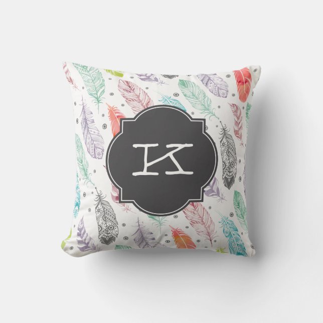 Monogram Watercolor Feather Pattern Pillow (Front)
