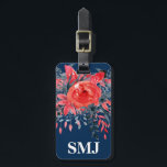 Monogram Watercolor Floral Blue Denim / Red Rose Luggage Tag<br><div class="desc">Luggage tag with watercolor floral blue denim and red rose flowers, monogram initial(s)/name, and address information on a navy blue background. Personalize with your monogram initial(s)/name, name, and address information using the easy templates. Font color, font style, font size, and navy blue background color are customizable. Perfect for any travel...</div>