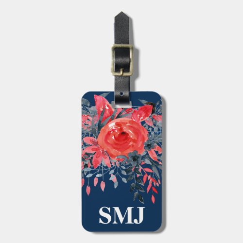 Monogram Watercolor Floral Blue Denim  Red Rose Luggage Tag