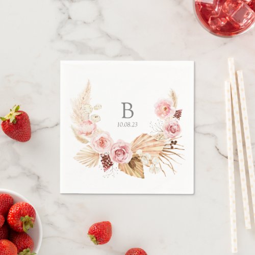 Monogram Watercolor Floral Boho Wedding Napkins