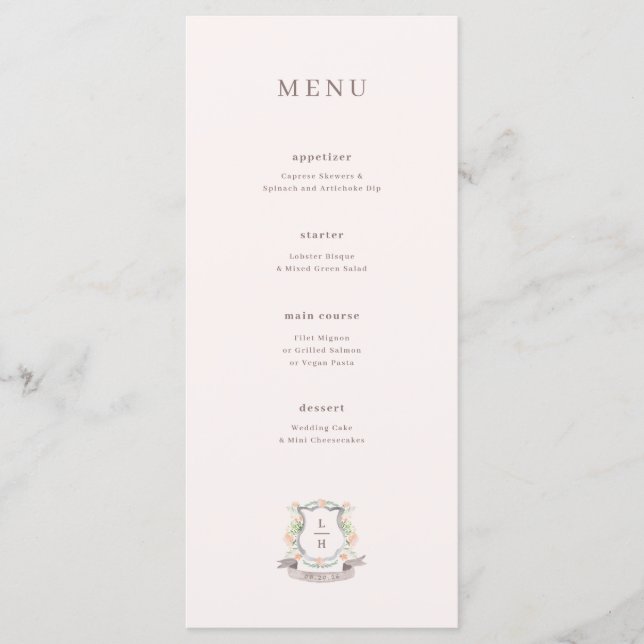 Monogram Watercolor Floral Crest Wedding Menu (Front)
