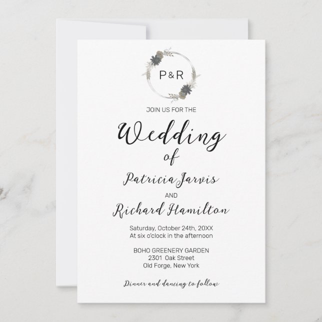 Monogram Watercolor Floral Elegant Wedding Invitation (Front)