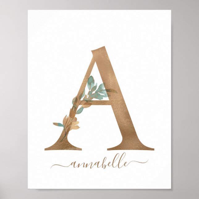 Monogram Watercolor Floral Gold Letter A Poster (Front)