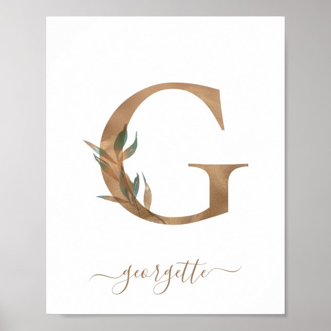 Monogram Watercolor Floral Gold Letter G Poster (Front)