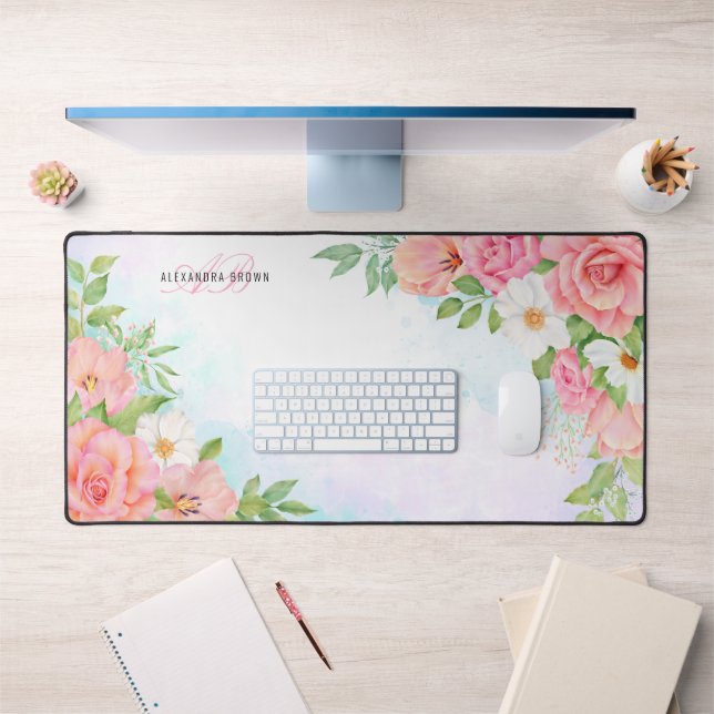 Monogram Watercolor Floral Greenery Pink Rose Desk Mat (Office 1)