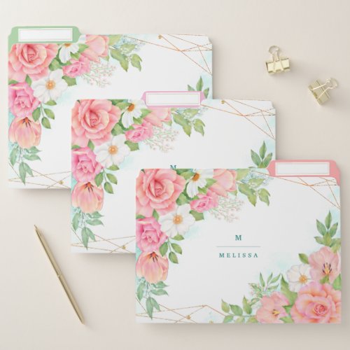Monogram Watercolor Floral Greenery Pink Rose File Folder