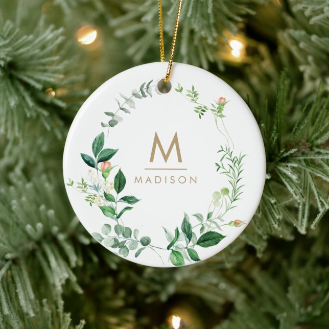  Monogram watercolor Floral Modern Fashion Ceramic Ornament (Tree)