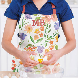 Monogram Watercolor Floral Modern Girly Apron