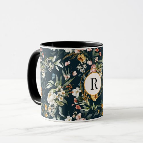 Monogram Watercolor Floral on Black 11 oz Combo Mug