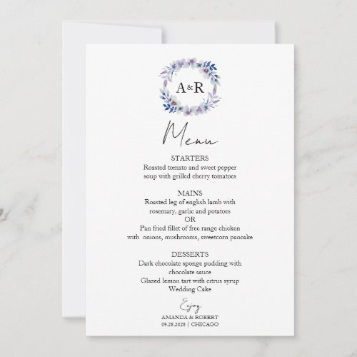 Monogram Watercolor Floral Photo Wedding Menu Card