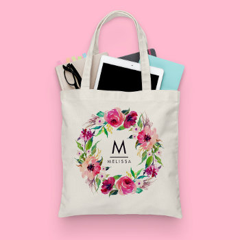 Monogram Watercolor Floral Stylish Chic Modern Tote Bag by girlygirlgraphics at Zazzle
