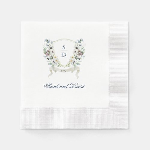 Monogram Watercolor Floral Wedding Crest Napkin