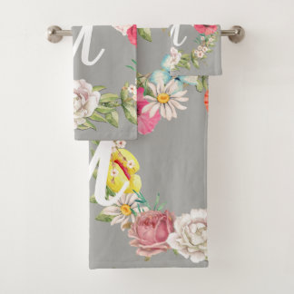 Monogram Watercolor Floral Wreath Bath Towel Set