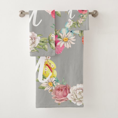 Monogram Watercolor Floral Wreath Bath Towel Set