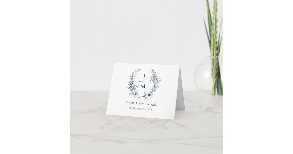 Monogram Watercolor Floral Wreath Elegant Wedding Thank You Card | Zazzle