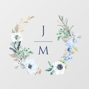 Monogram Watercolor Floral Wreath Elegant Wedding Wall Decal