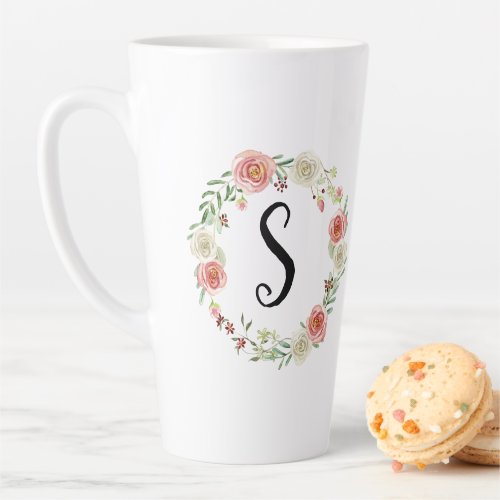 Monogram Watercolor Floral Wreath Pink White Roses Latte Mug