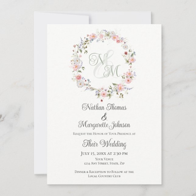 Monogram Watercolor Floral Wreath Wedding Invitation (Front)