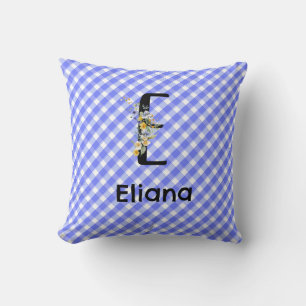 Monogram watercolor flower gingham blue minimalist throw pillow