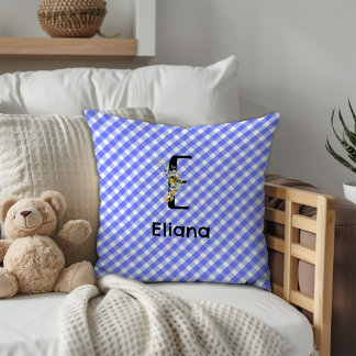 Monogram watercolor flower gingham blue minimalist throw pillow