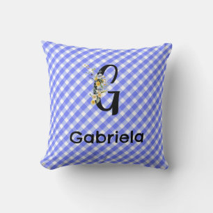 Monogram watercolor flower gingham blue pattern throw pillow