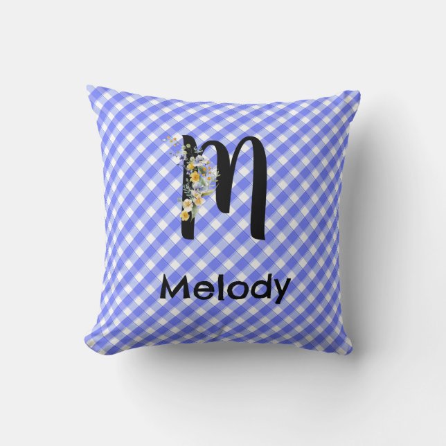 Monogram watercolor flower gingham blue pattern throw pillow (Front)