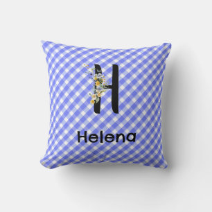 Monogram watercolor flower gingham blue pattern throw pillow