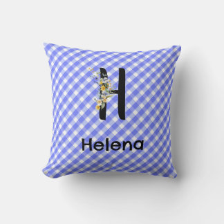 Monogram watercolor flower gingham blue pattern throw pillow