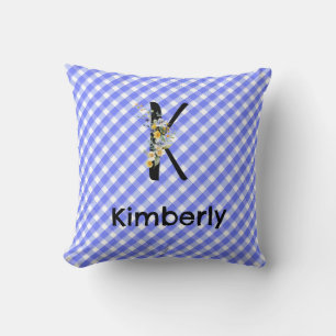 Monogram watercolor flower gingham blue pattern throw pillow