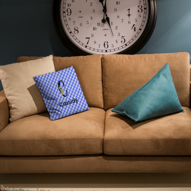 Monogram watercolor flower gingham blue pattern throw pillow (Creator Uploaded)