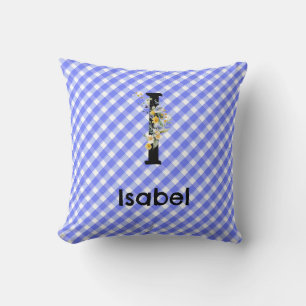 Monogram watercolor flower gingham blue pattern throw pillow