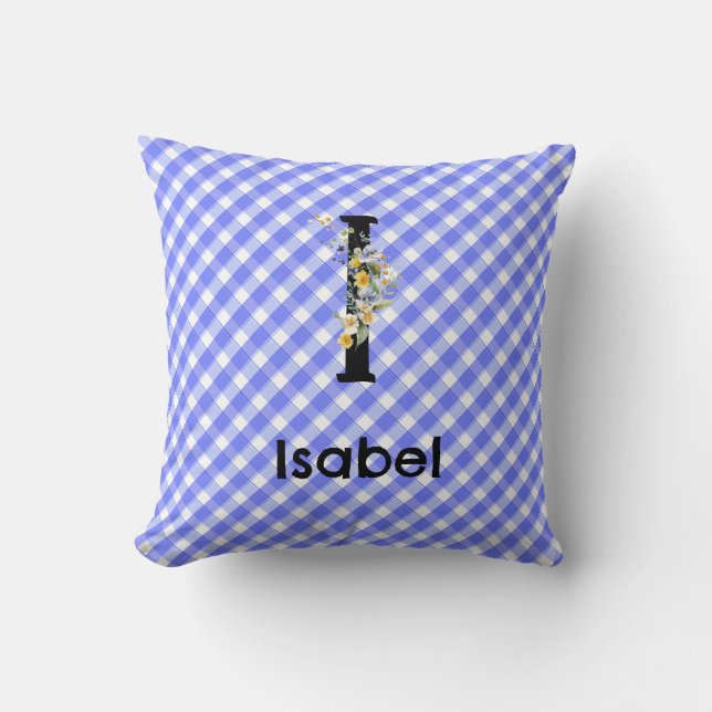 Monogram watercolor flower gingham blue pattern throw pillow (Front)