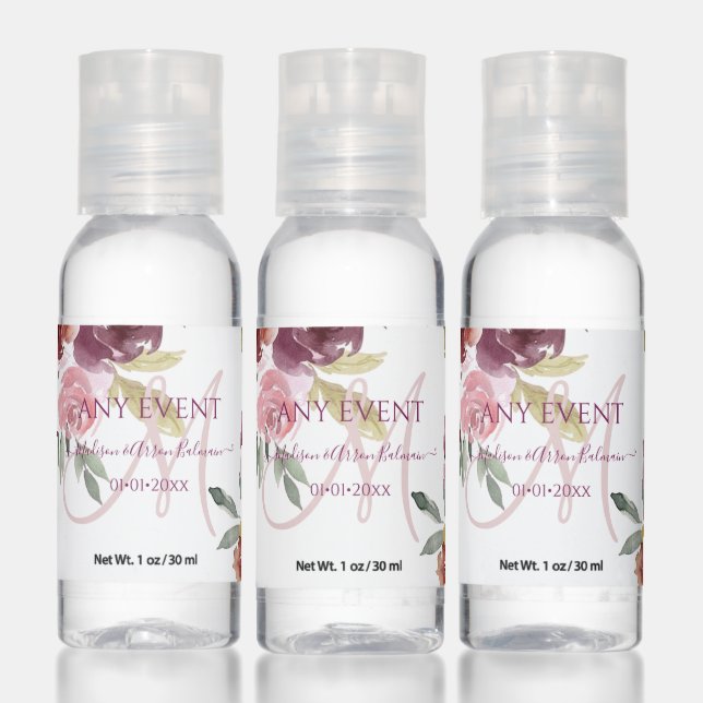 Monogram Watercolor Flowers Fall Roses Hand Sanitizer (Set)