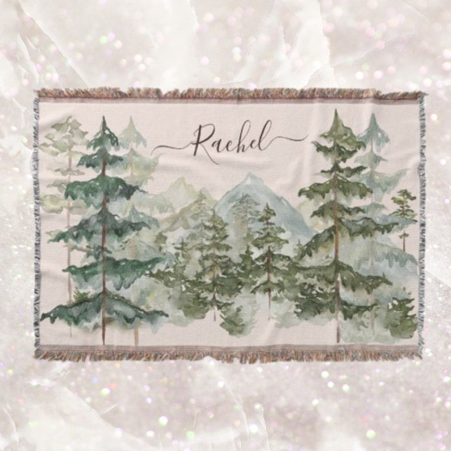Monogram Watercolor Forest and mountain Rustic Throw Blanket (Close up on marble)