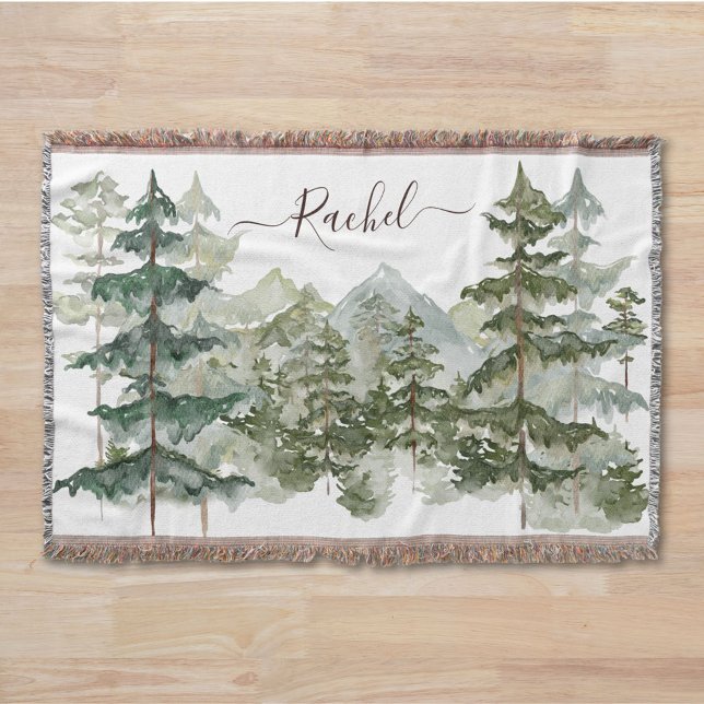 Monogram Watercolor Forest and mountain Rustic Throw Blanket (In situ)