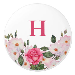 Monogram Watercolor Gentle Pink White Roses Ceramic Knob