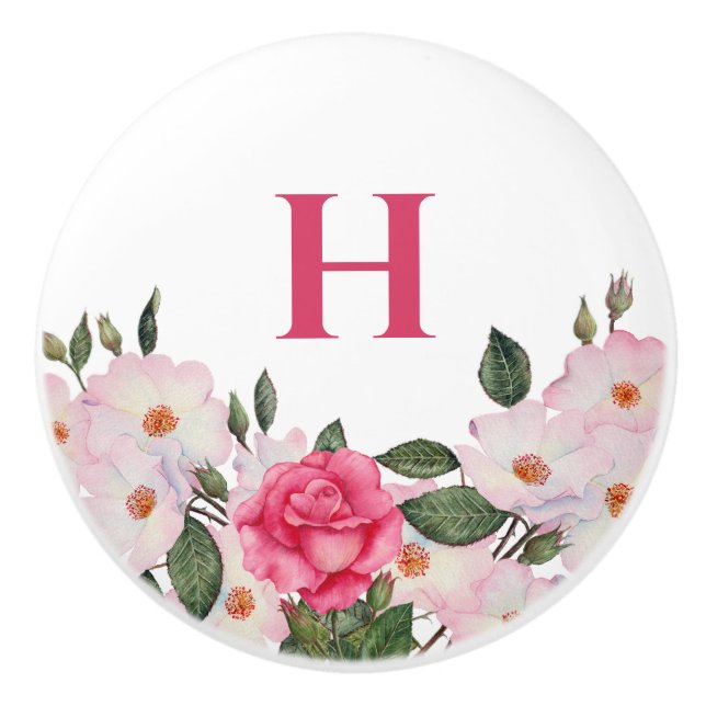 Monogram Watercolor Gentle Pink White Roses Ceramic Knob (Front)