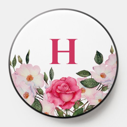 Monogram Watercolor Gentle Pink White Roses PopSocket