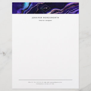Monogram Watercolor Geode Deep Blue Purple Agate Letterhead