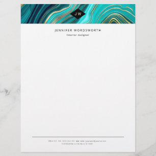 Monogram Watercolor Geode Green Agate Malachite Letterhead