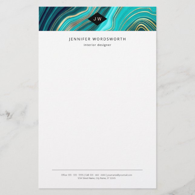 Monogram Watercolor Geode Green Agate Malachite Stationery (Front)