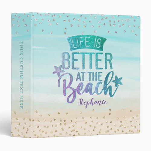 Monogram Watercolor Glitter Life Is Better Beach 3 Ring Binder