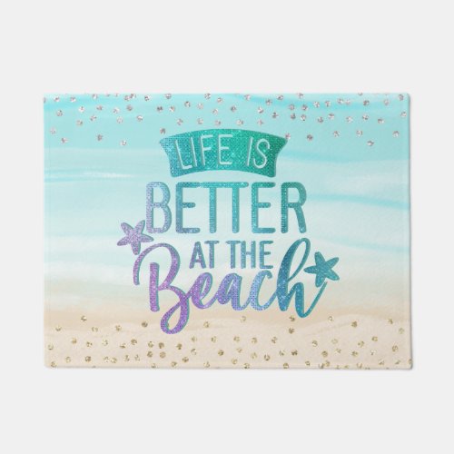 Monogram Watercolor Glitter Life Is Better Beach Doormat