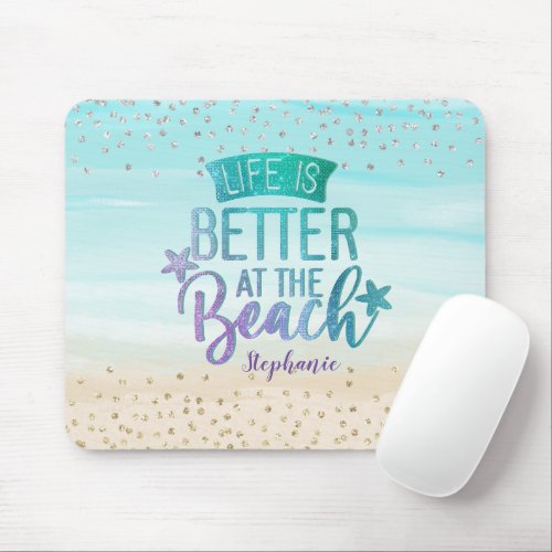 Monogram Watercolor Glitter Life Is Better Beach Mouse Pad