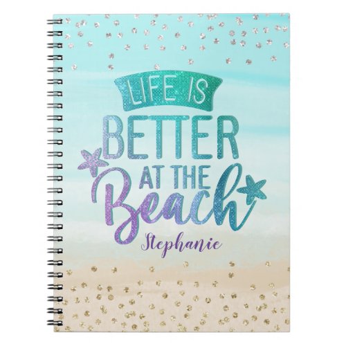 Monogram Watercolor Glitter Life Is Better Beach Notebook