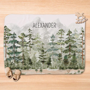 Monogram Watercolor Green Pine Forest on Mountain Baby Blanket