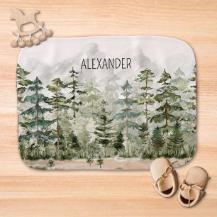 Monogram Watercolor Green Pine Forest on Mountain Baby Burp Cloth