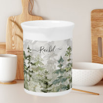 Monogram Watercolor Green Pine Forest on Mountain Beverage Pitcher